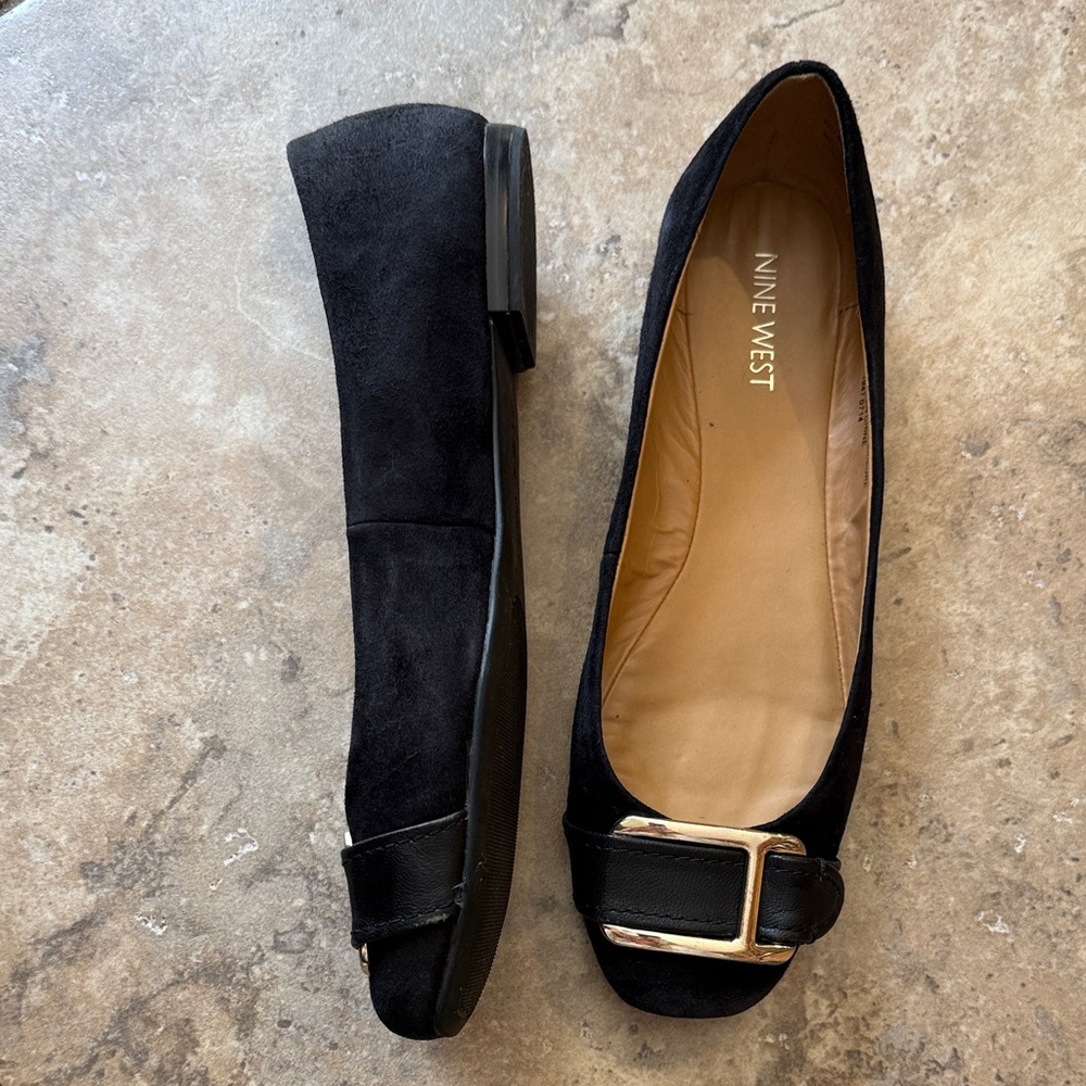 Nine West Black Suede Flats with Gold Buckle - Picture 3 of 7